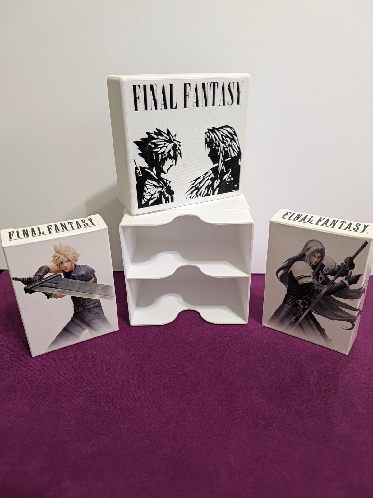 White customizable Duel Deck Box with Final Fantasy artwork and both removable deck holders displayed